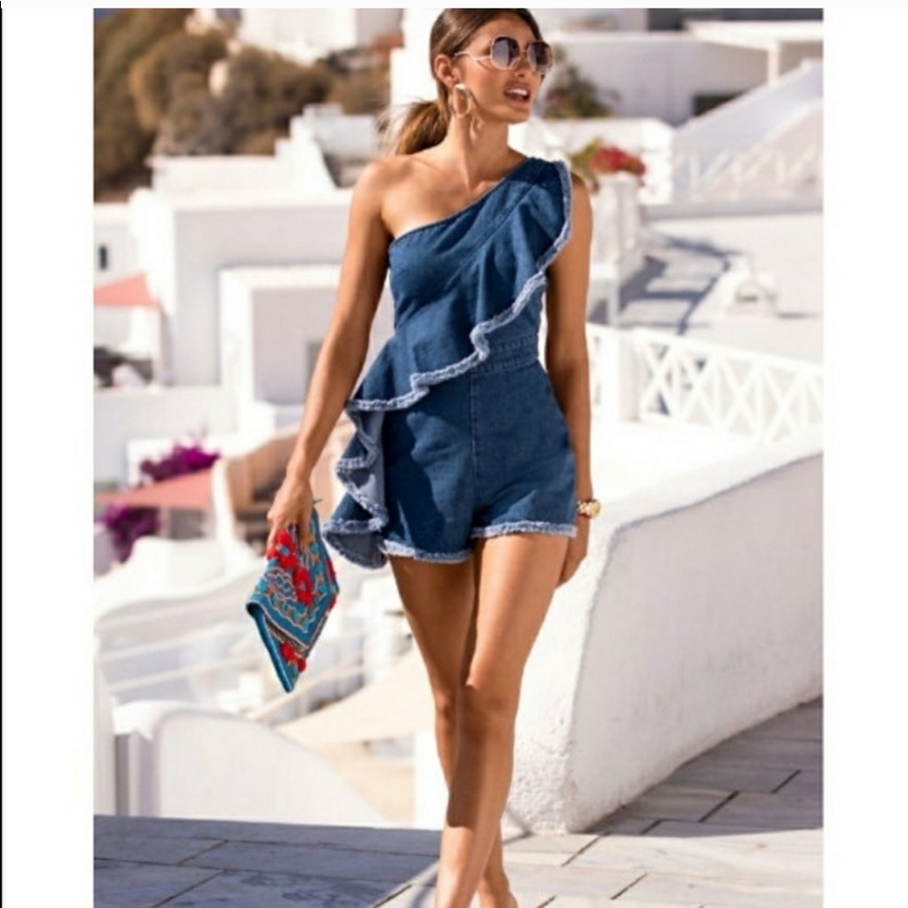 Sexy Denim Ruffled Romper